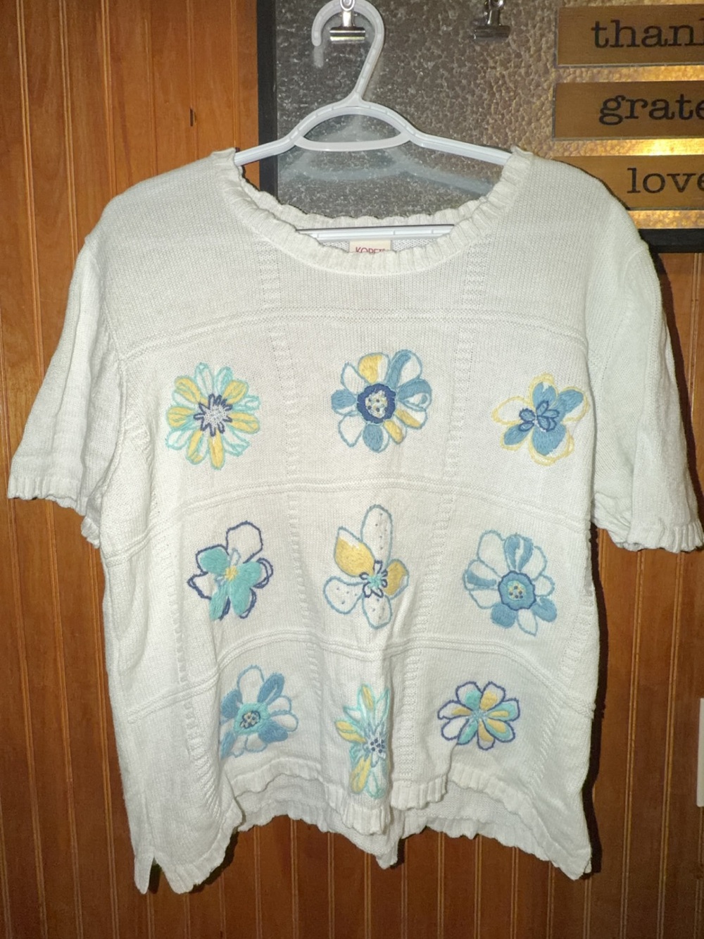Koret Cream Short-Sleeve Knit Top with Blue & Yellow Floral Embroidery